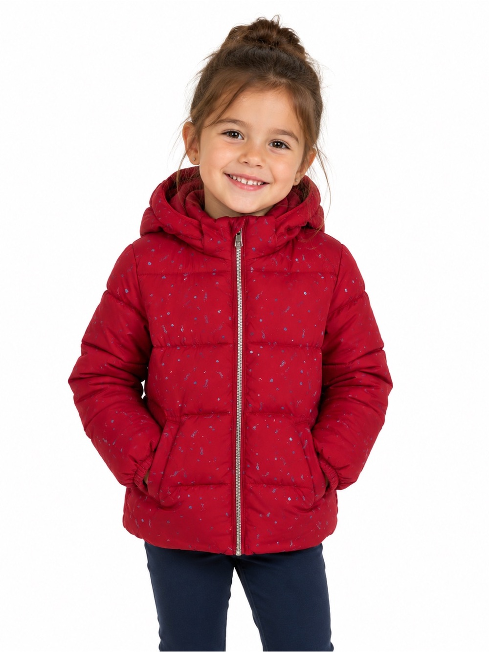 Girls' Hooded Puffer Jacket in Red with Subtle Print